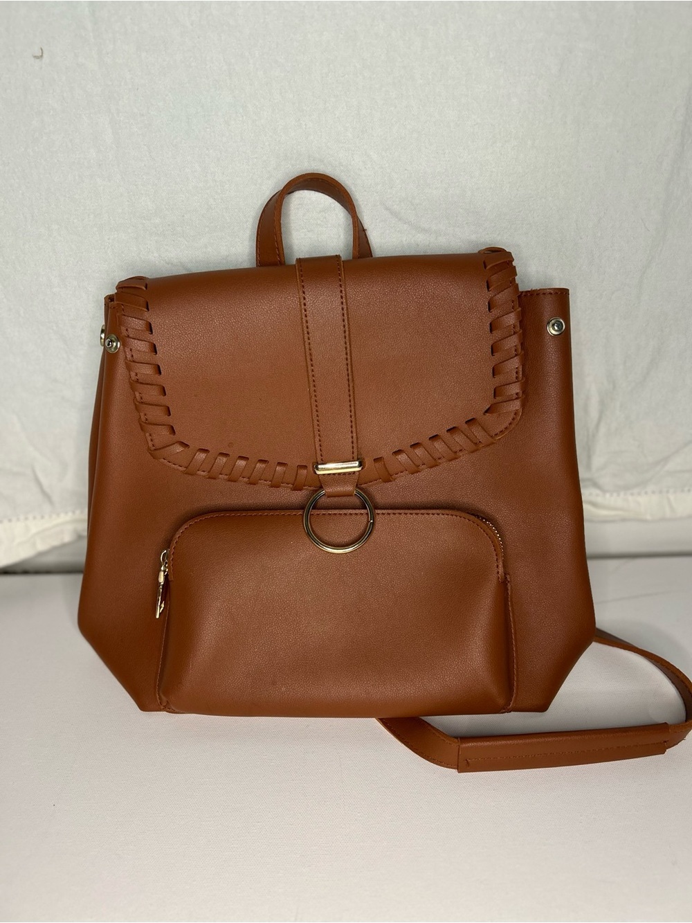 Imoshion Cognac Brown Whipstitch O-Ring Faux Leather Backpack Bag
